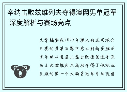 辛纳击败兹维列夫夺得澳网男单冠军 深度解析与赛场亮点