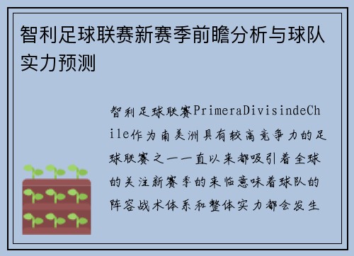 智利足球联赛新赛季前瞻分析与球队实力预测